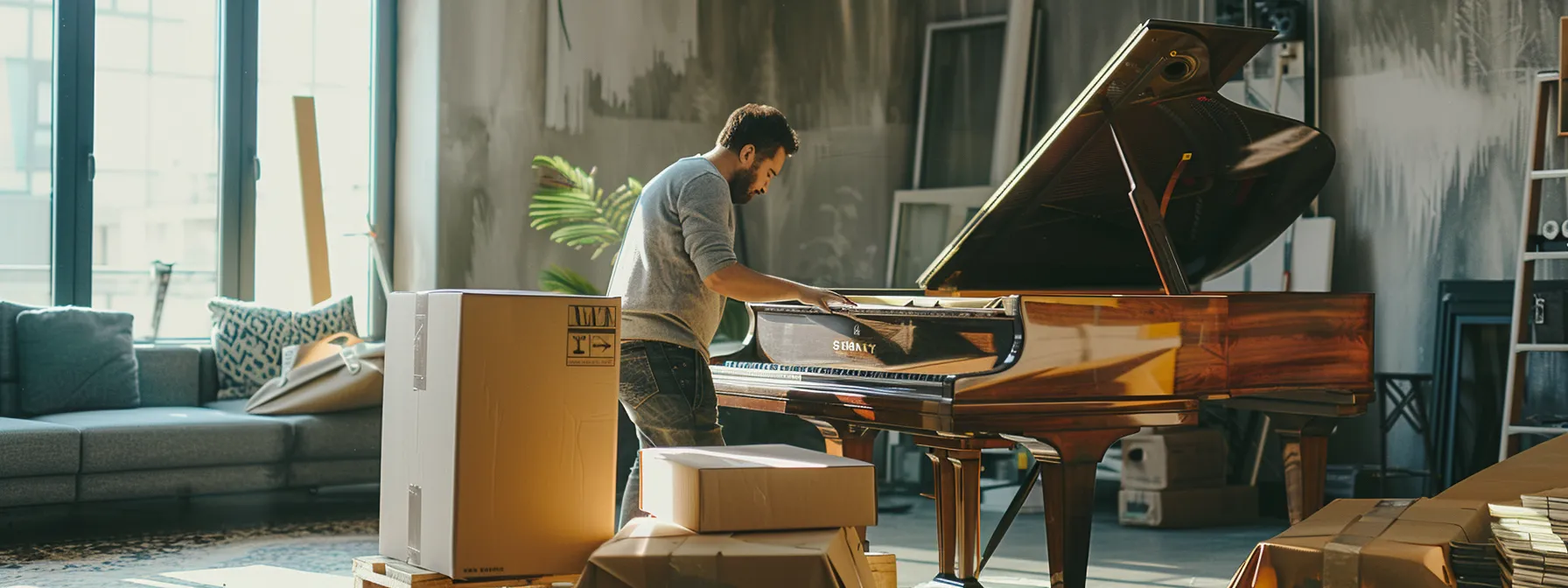 professional movers carefully wrapping and securing a grand piano for a safe interstate relocation. professional movers carefully wrapping and securing a grand piano for a safe interstate relocation.