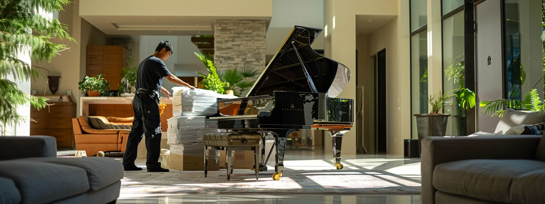 specialized furniture movers carefully wrapping and transporting a luxurious piano through a modern, upscale los angeles home. specialized furniture movers carefully wrapping and transporting a luxurious piano through a modern, upscale los angeles home.