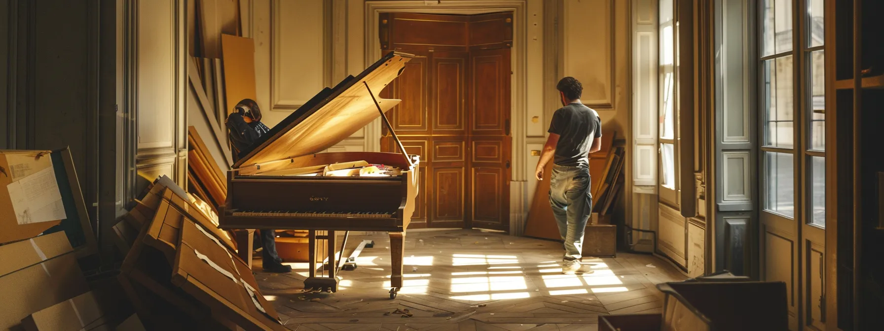 specialized furniture movers carefully lifting a grand piano through a narrow doorway, showcasing expertise and precision in handling delicate items.