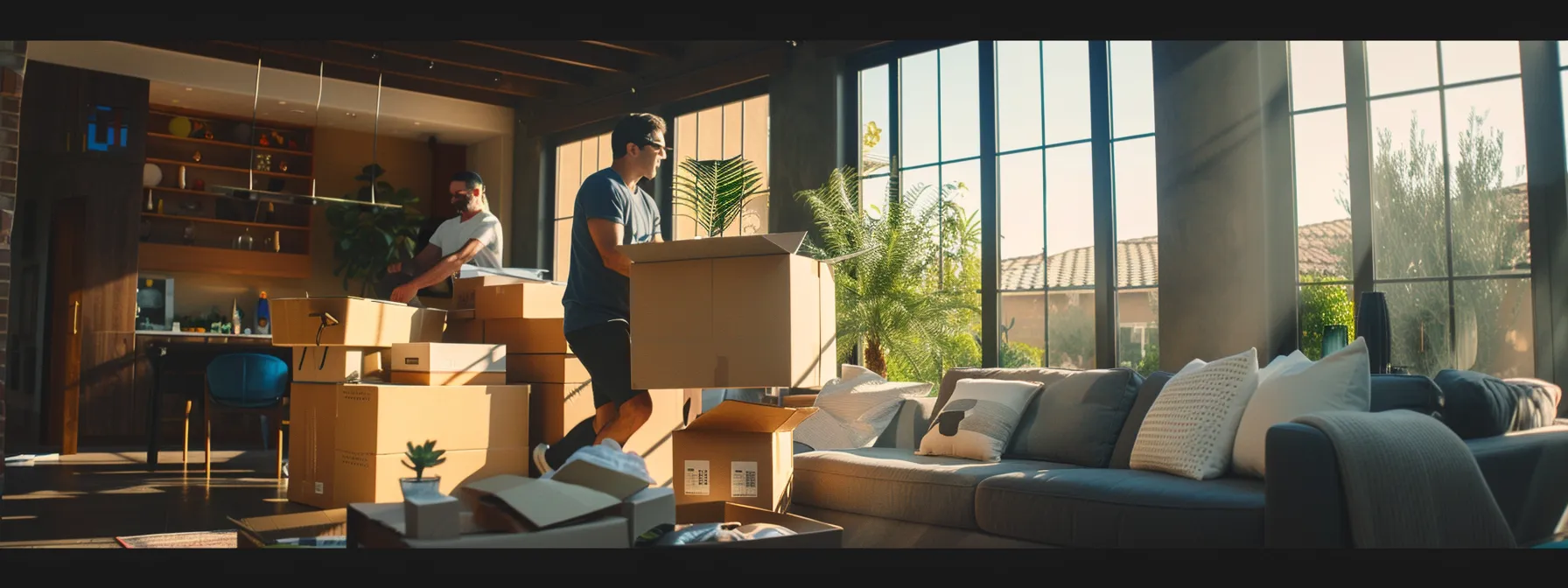 a team of efficient movers swiftly packing boxes in a modern living room in irvine, ca (33.6839° n, 117.7947° w).