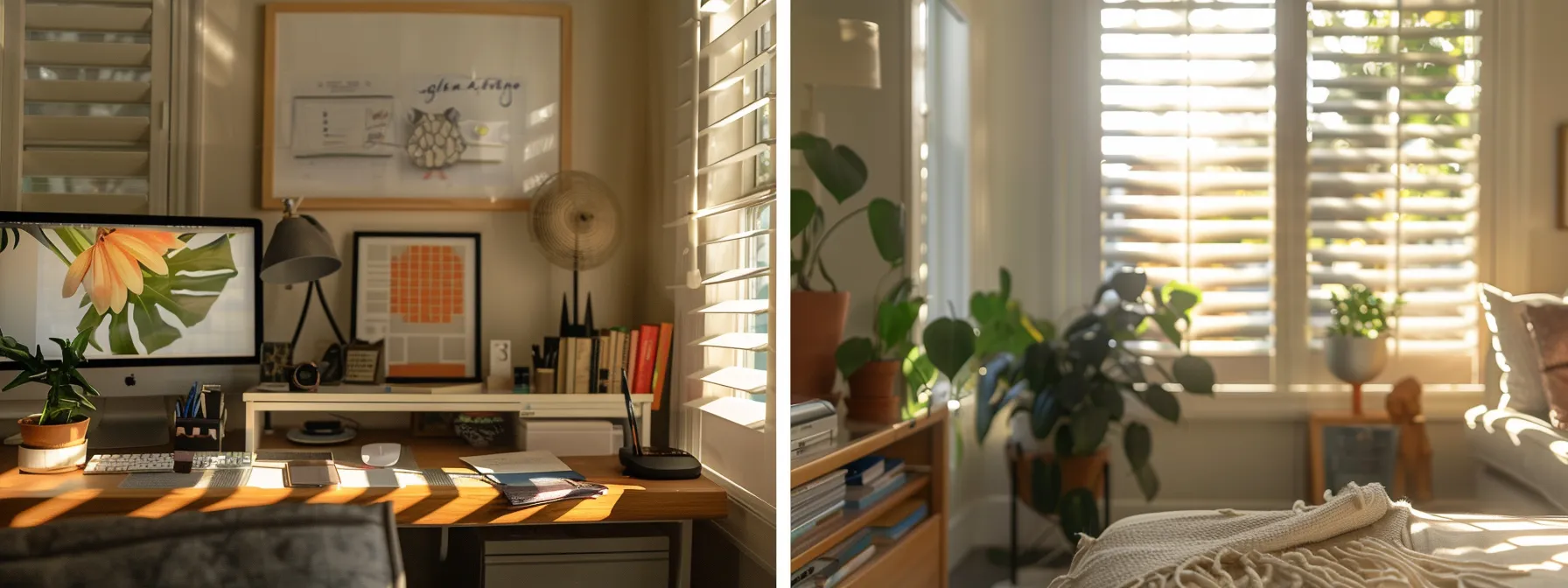transforming a sunlit room in los angeles with a cozy home office setup and vibrant lifestyle accessories.