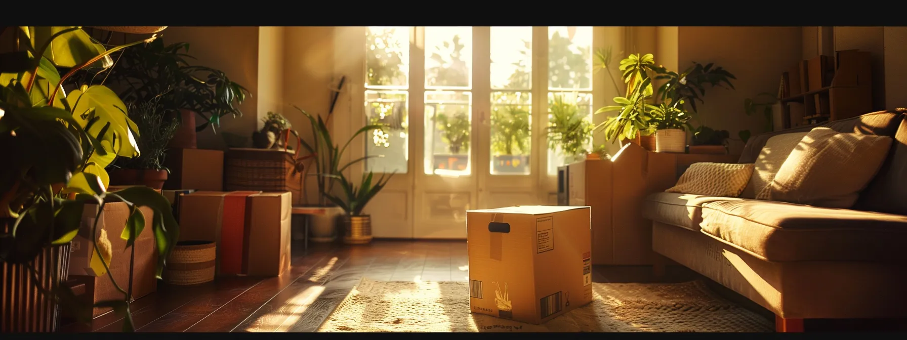 unpacking eco-friendly boxes in a sunlit living room showcases new home sustainability practices in action.