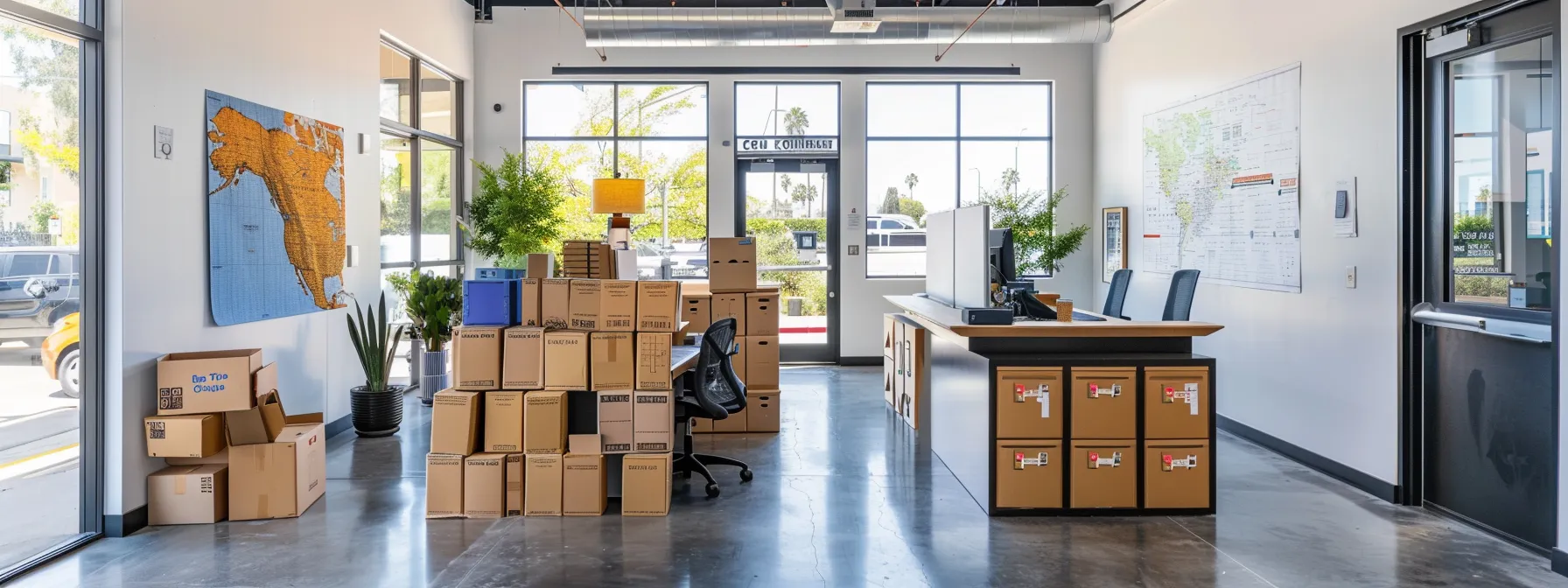 a vibrant office space with moving boxes stacked neatly, a checklist pinned to the wall, and a map of orange county displayed prominently on a desk in irvine, ca (33.6846° n, 117.8265° w). a vibrant office space with moving boxes stacked neatly, a checklist pinned to the wall, and a map of orange county displayed prominently on a desk in irvine, ca (33.6846° n, 117.8265° w).
