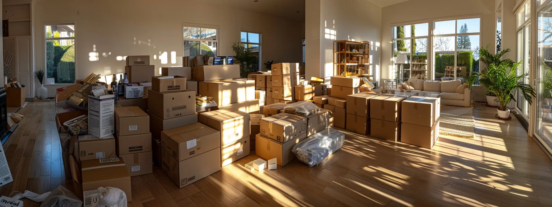 organized stacks of moving boxes and packing supplies in a bright, sunlit room in irvine, ca (33.6846° n, 117.8254° w). (filename: moving-supplies-irvine-ca)