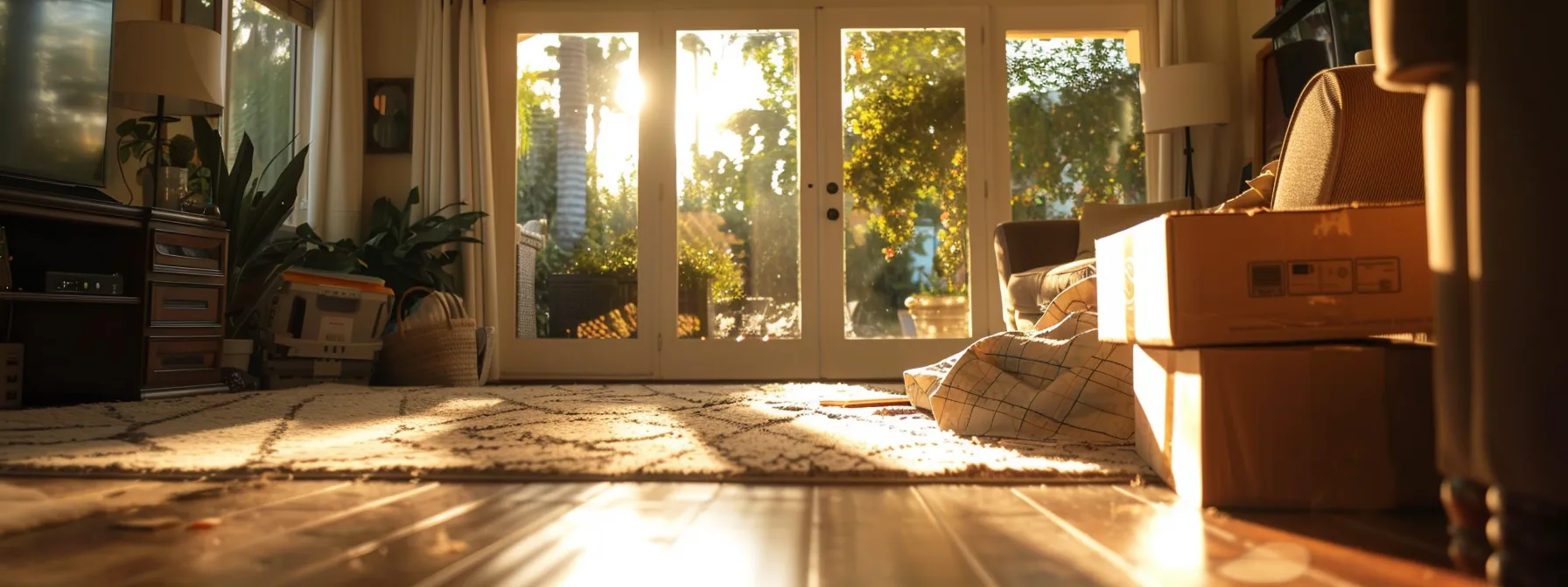 unpacking boxes in a cozy living room filled with sunlight, overlooking a serene backyard in irvine, ca (33.6846° n, 117.8265° w).