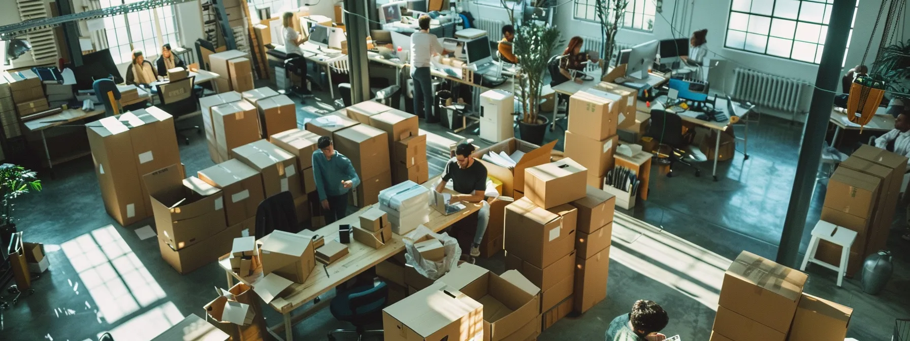 a bustling office filled with cardboard boxes, as employees collaborate on a detailed moving checklist for a successful commercial relocation.