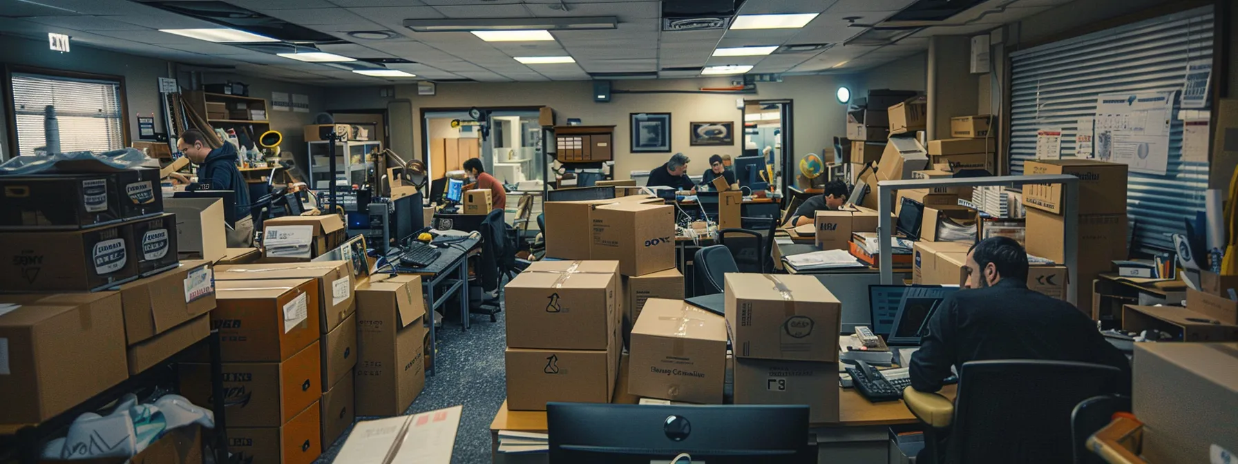 a bustling office with employees working seamlessly amidst moving boxes, phones ringing, and meetings in progress, showcasing minimal disruption during a commercial move.