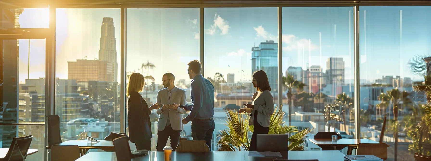 a group of employees collaborating in a modern office space, discussing relocation plans with a san diego city skyline visible through the window. a group of employees collaborating in a modern office space, discussing relocation plans with a san diego city skyline visible through the window.