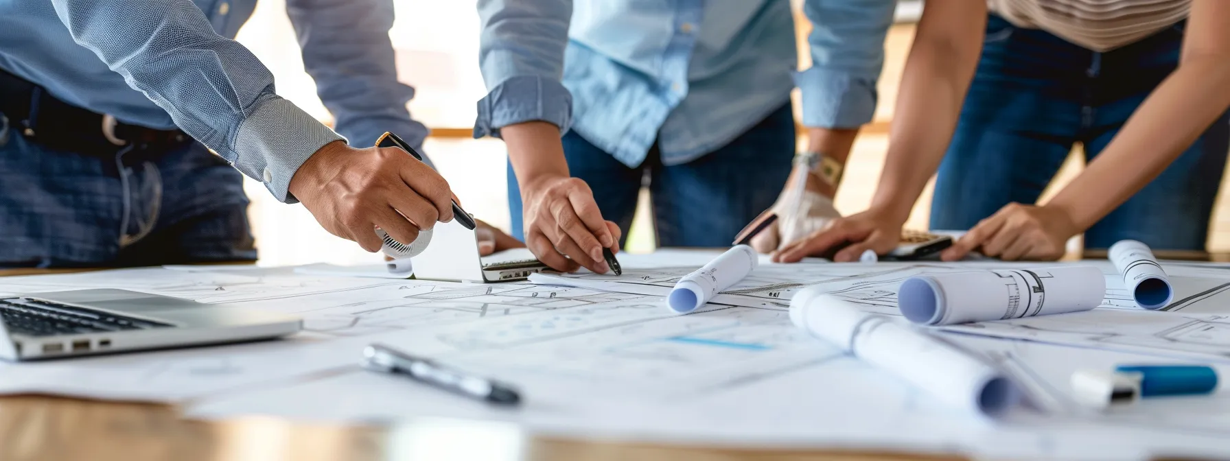 a group of employees discussing a detailed moving strategy around a large conference table scattered with blueprints, laptops, and office supplies. a group of employees discussing a detailed moving strategy around a large conference table scattered with blueprints, laptops, and office supplies.