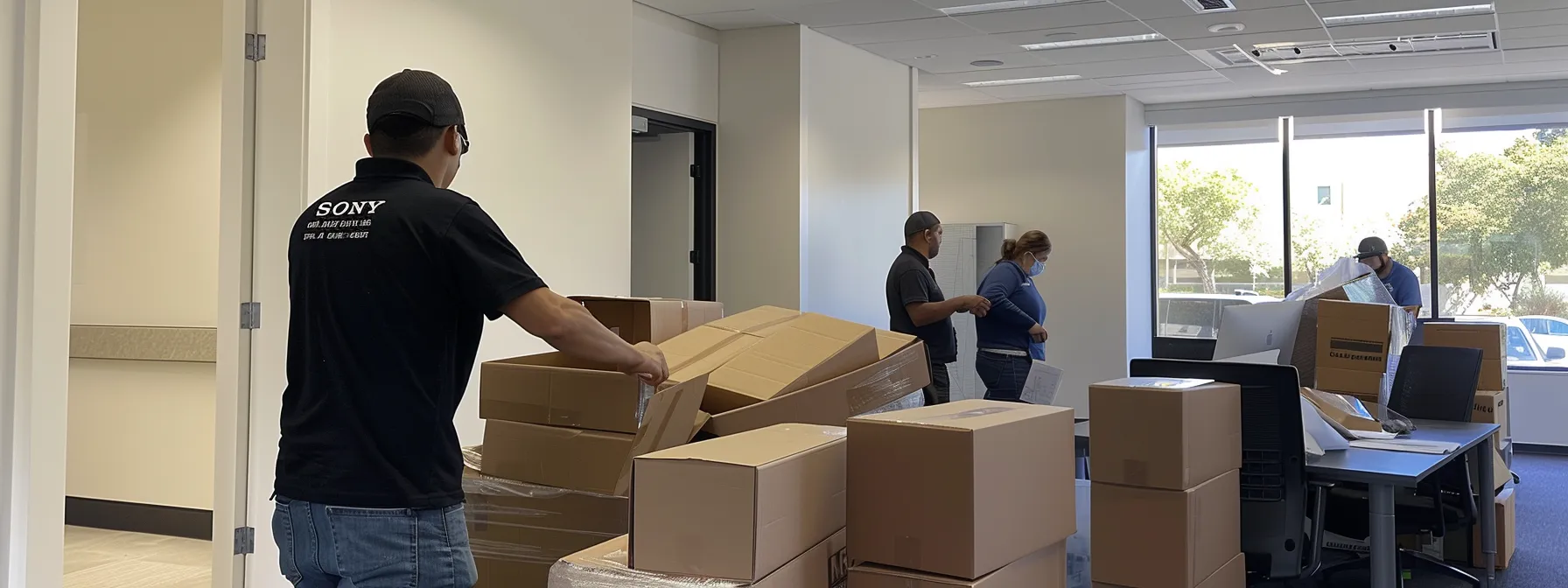 a group of experienced, reliable movers carefully packing up office equipment in san diego. a group of experienced, reliable movers carefully packing up office equipment in san diego.