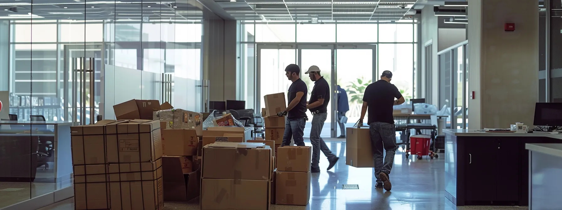 a group of movers carefully packing and organizing office equipment in a modern office space for a commercial relocation in san diego. a group of movers carefully packing and organizing office equipment in a modern office space for a commercial relocation in san diego.