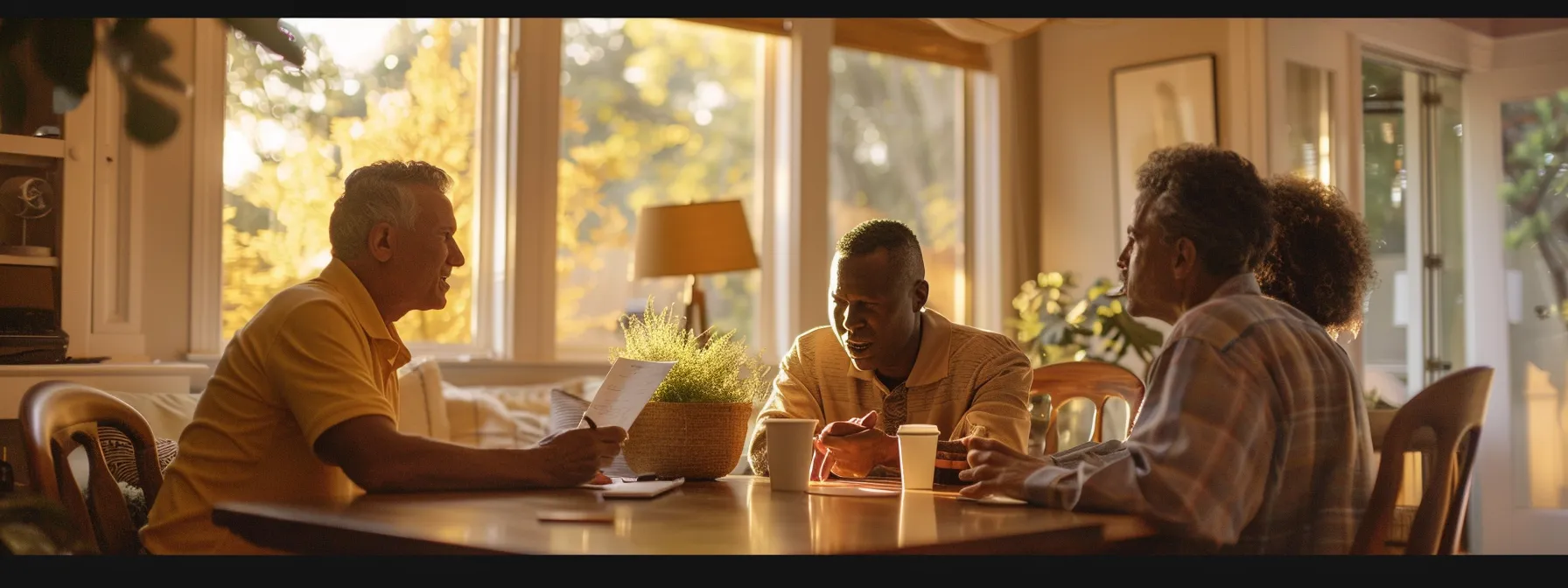 a homeowner sitting at a table with moving company representatives, discussing services and pricing during a consultation in a cozy living room setting. a homeowner sitting at a table with moving company representatives, discussing services and pricing during a consultation in a cozy living room setting.