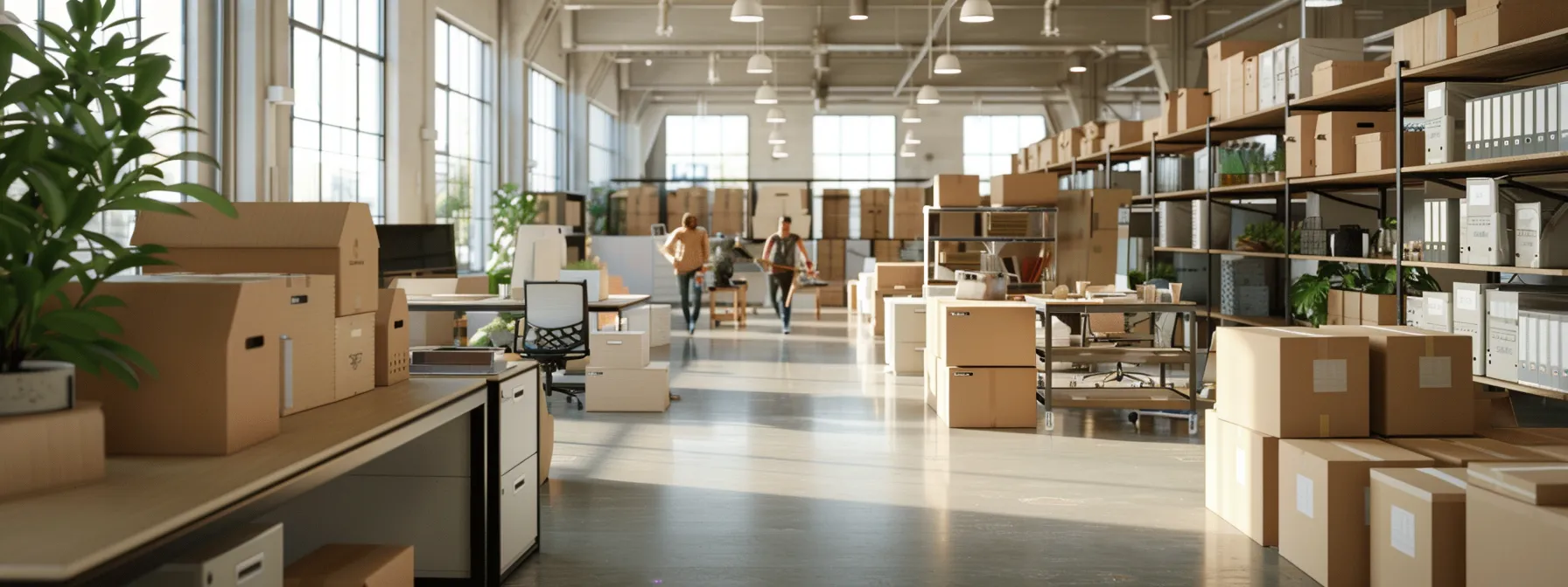 a modern office space filled with neatly labeled boxes, bustling movers, and a well-organized setup, showcasing comprehensive office relocation solutions in action.