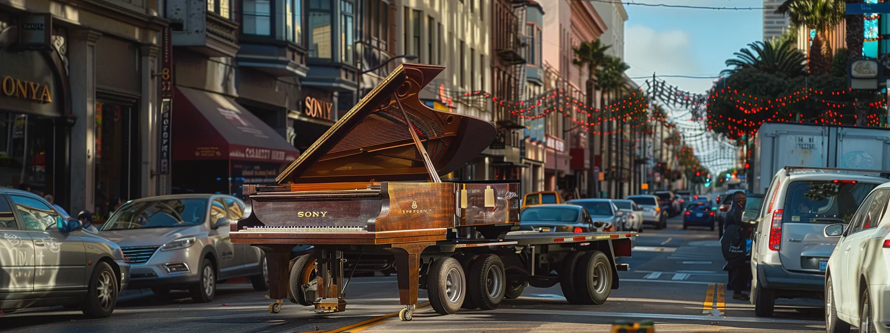 a moving truck carefully transporting a grand piano through the vibrant streets of san diego.
