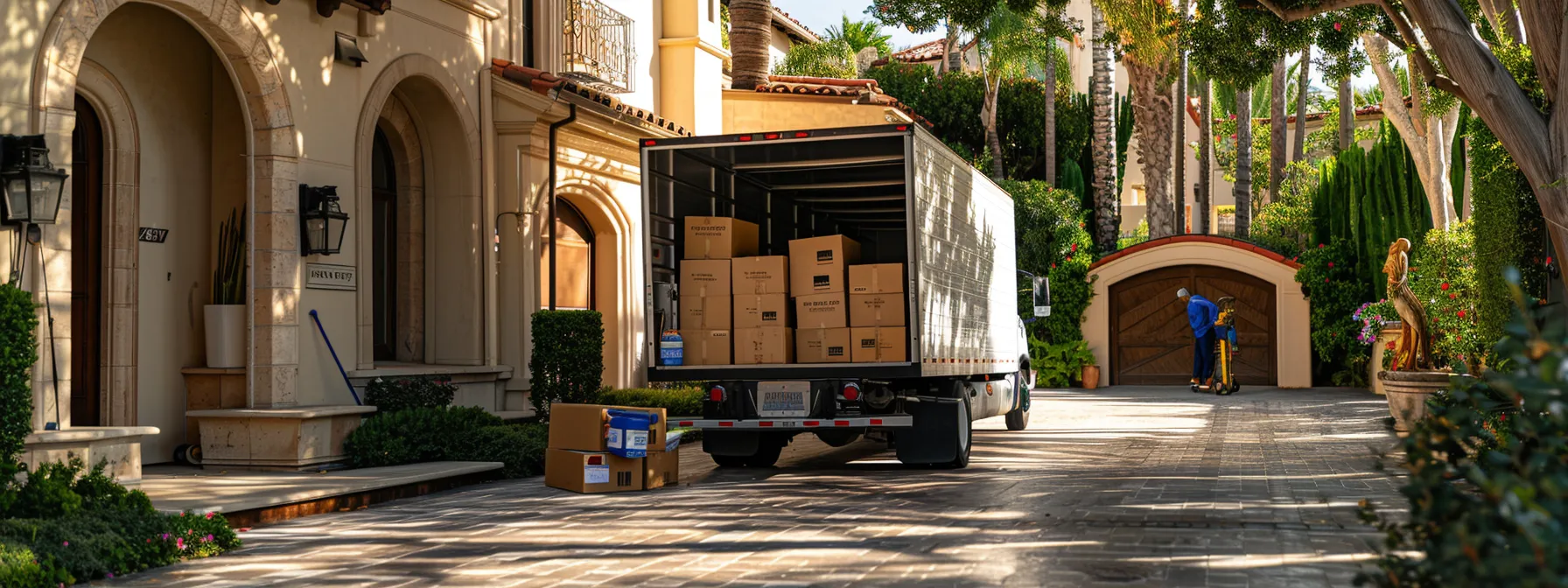 a moving truck parked in front of a well-organized home in san diego, with boxes neatly stacked and movers efficiently loading items, showcasing a smooth and organized moving experience.
