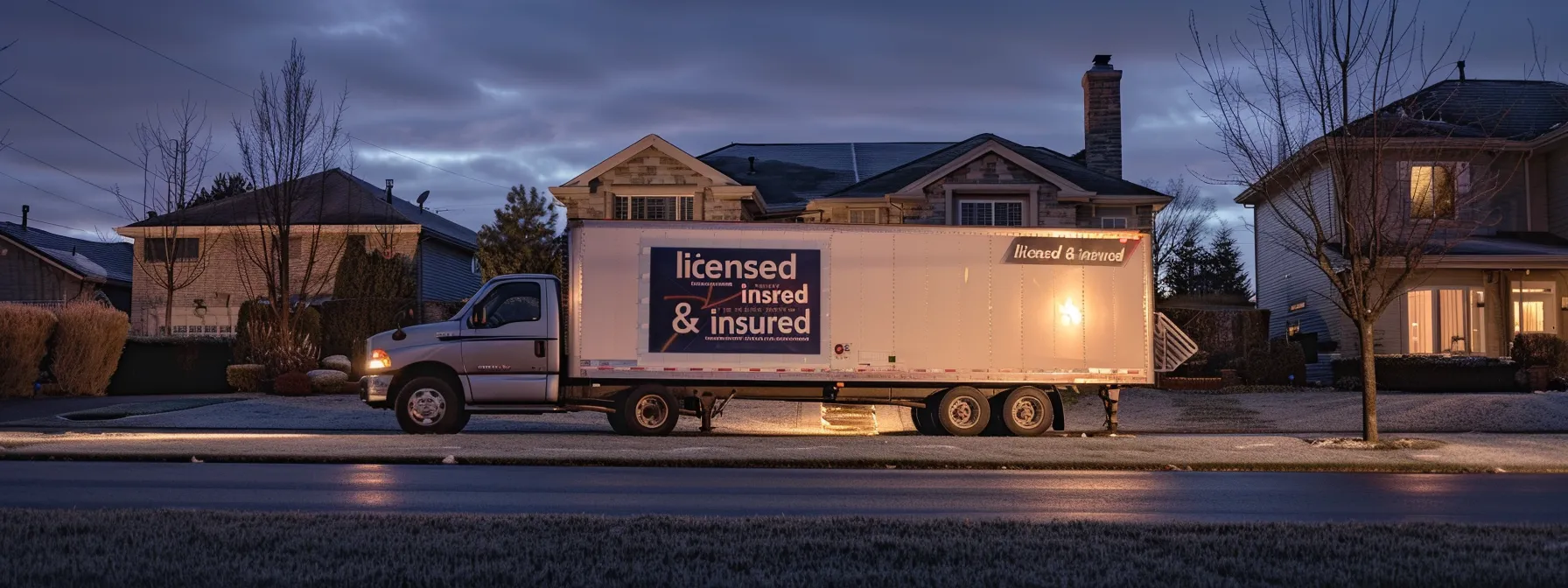 a moving truck parked in front of a house with a large sign displaying a moving truck parked in front of a house with a large sign displaying