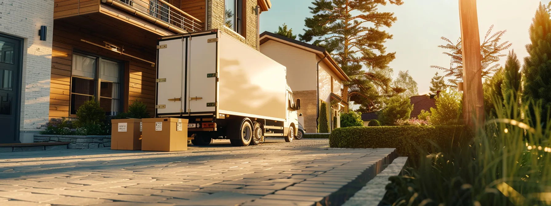 a moving truck parked in front of a tidy house, with a neatly packed essentials box on the doorstep, ready for a stress-free relocation. a moving truck parked in front of a tidy house, with a neatly packed essentials box on the doorstep, ready for a stress-free relocation.