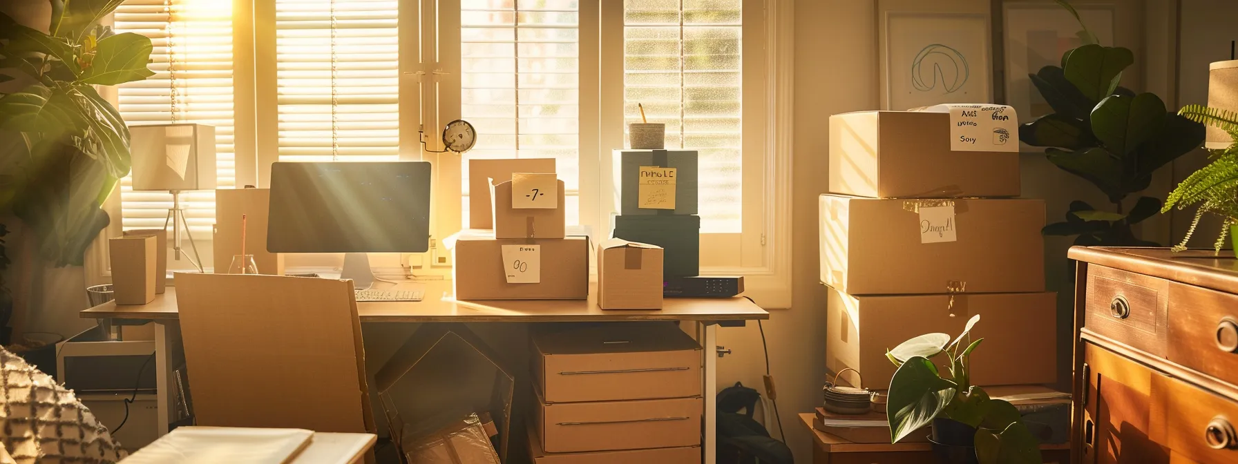 a neatly organized room with labeled boxes, a moving timeline pinned to the wall, and a checklist on a desk, all highlighting the preparation for a smooth transition during a move in san diego.