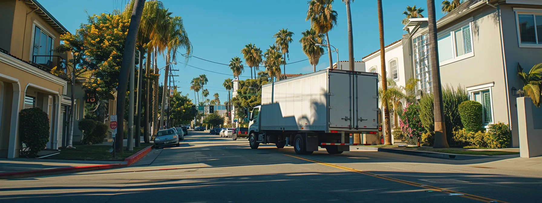 a professional local mover carefully guiding a fully loaded moving truck down a picturesque san diego street.