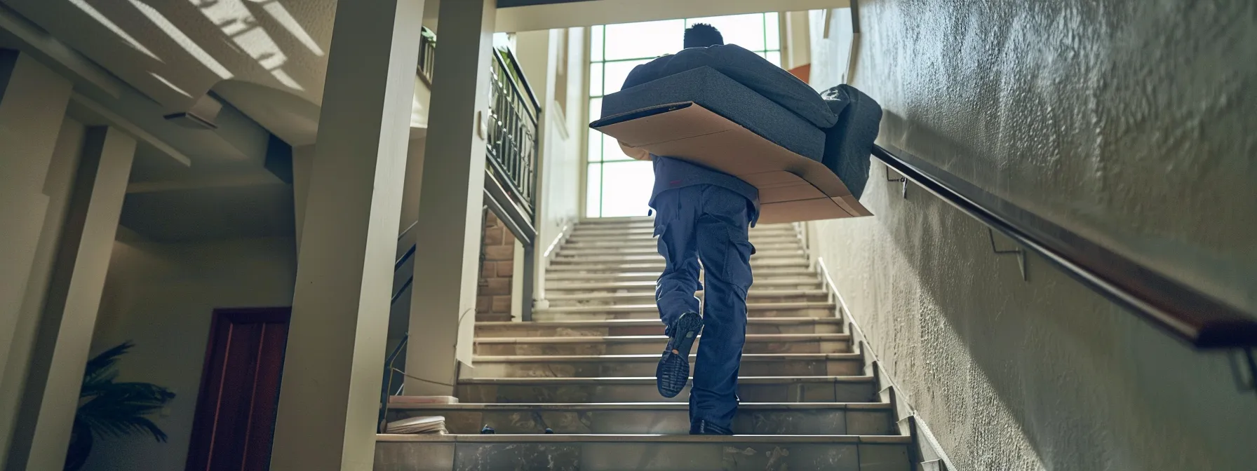 a professional mover carefully carrying a large sofa down a narrow staircase in a bustling san diego apartment building.