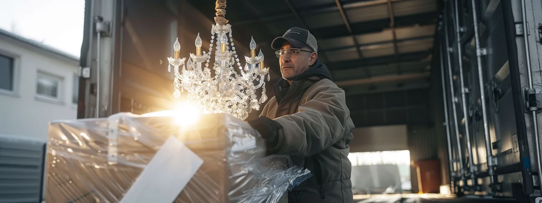 a professional mover carefully wrapping a delicate chandelier in protective padding before placing it in a moving truck.