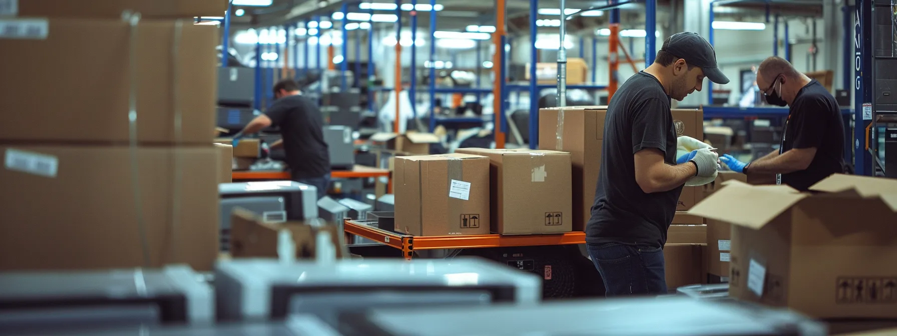 a professional moving company team carefully packing and labeling office equipment with precision and efficiency.