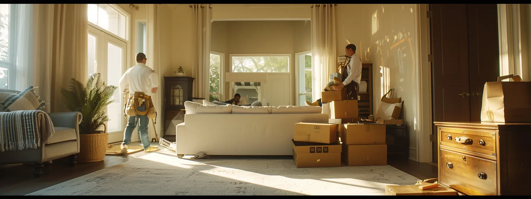 a professional moving crew carefully inspecting a variety of furniture items in a spacious living room to determine specific moving requirements. a professional moving crew carefully inspecting a variety of furniture items in a spacious living room to determine specific moving requirements.