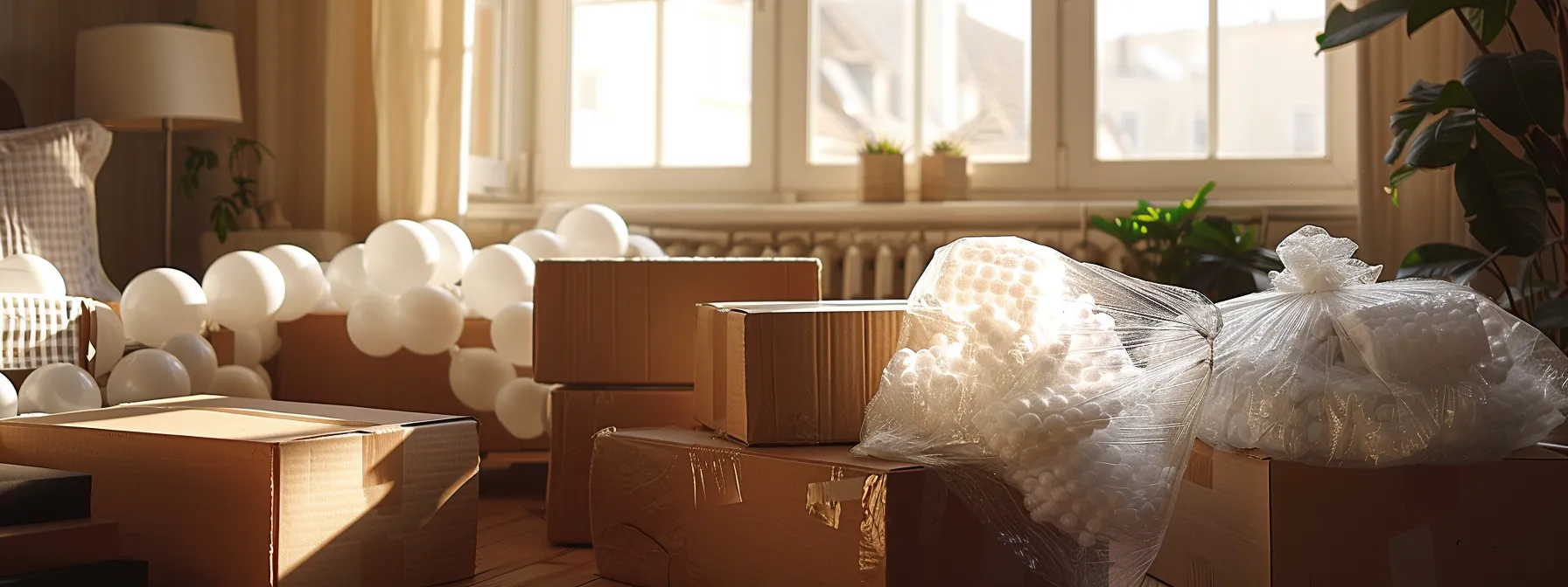 a professional packing service expertly wraps delicate bedroom items in bubble wrap, surrounded by high-quality moving boxes ready for transport.