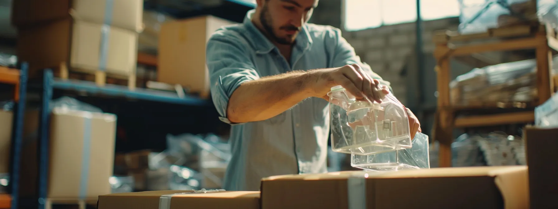 a professional san diego mover carefully wrapping delicate glassware in eco-friendly packaging materials.
