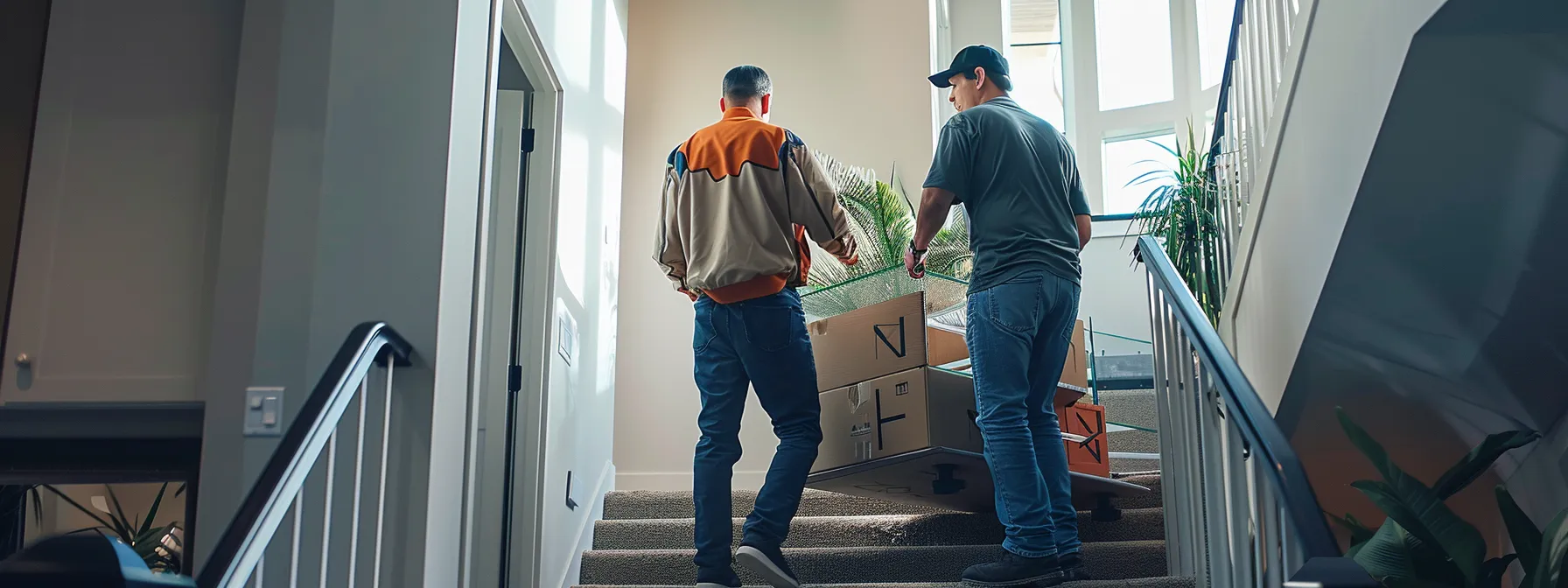 a team of experienced furniture movers carefully navigating a narrow stairway, carrying a large, fragile glass table while assessing access points in a modern san diego apartment.