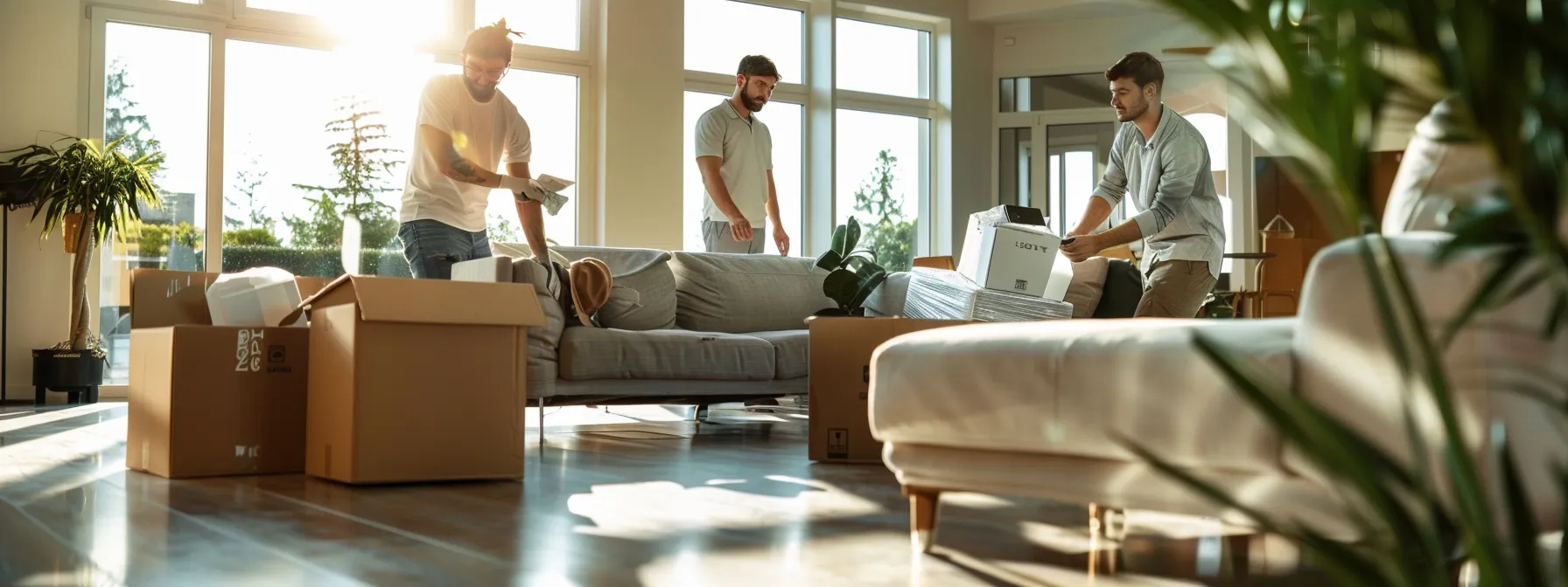 a team of experienced movers carefully arranging furniture in a modern living room, showcasing streamlined services and reliable support.