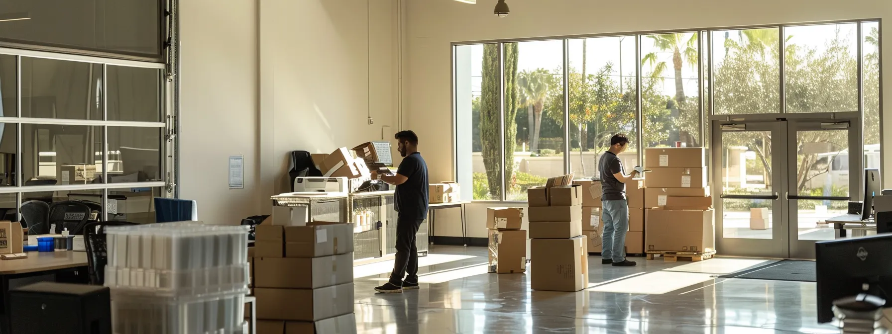 a team of experienced professionals carefully packing and organizing office equipment in a modern san diego commercial relocation service facility. a team of experienced professionals carefully packing and organizing office equipment in a modern san diego commercial relocation service facility.