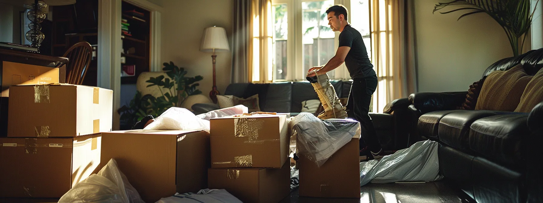 a team of full-service movers carefully wrapping and packing delicate items in a san diego home, surrounded by moving boxes and protective materials.