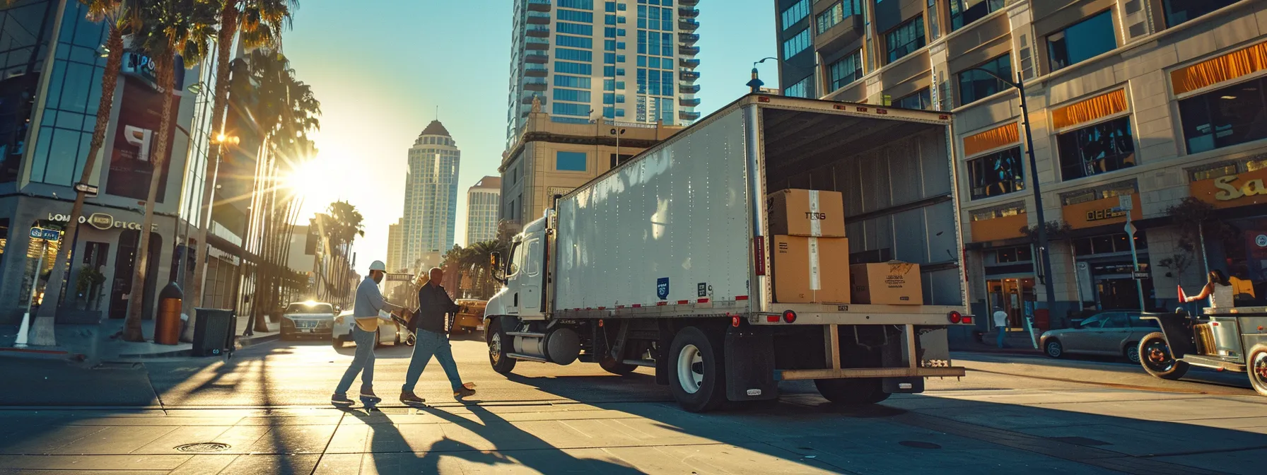 a team of movers carefully loading office equipment onto a secure and environmentally friendly moving truck in san diego, amidst a backdrop of a bustling business district. a team of movers carefully loading office equipment onto a secure and environmentally friendly moving truck in san diego, amidst a backdrop of a bustling business district.