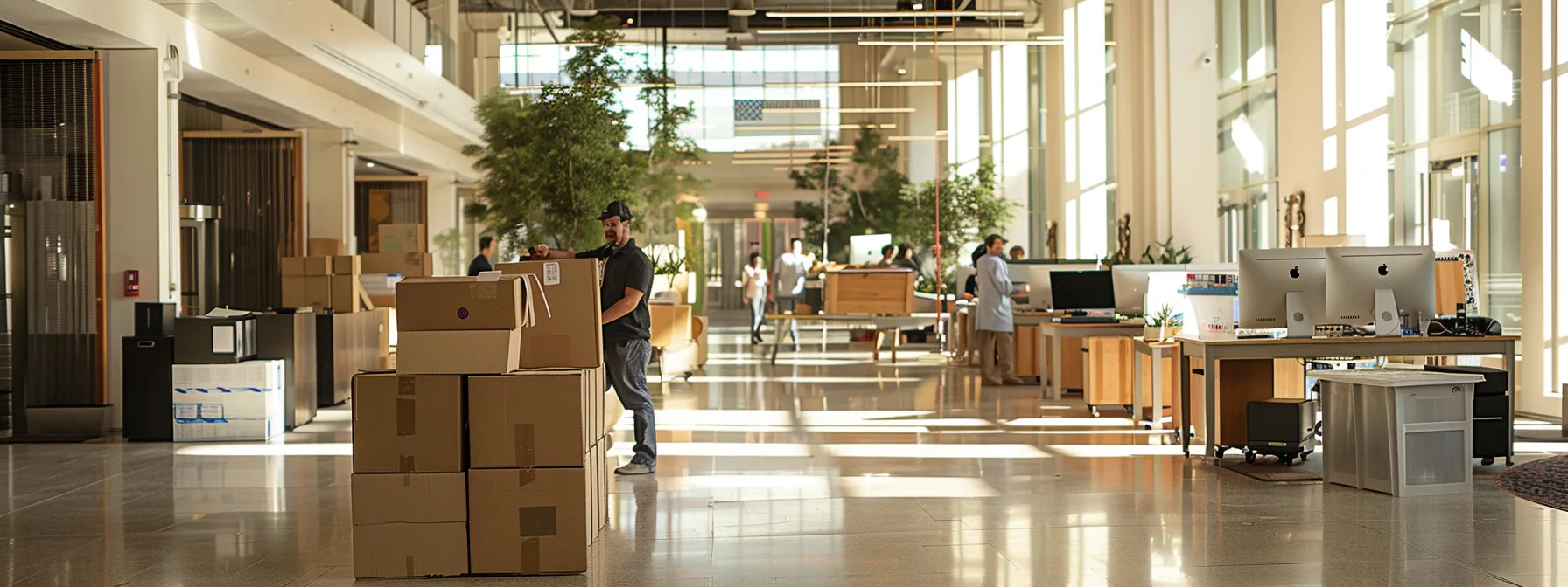 a team of office movers carefully transporting large desks and computers through a modern office space in downtown san diego. a team of office movers carefully transporting large desks and computers through a modern office space in downtown san diego.