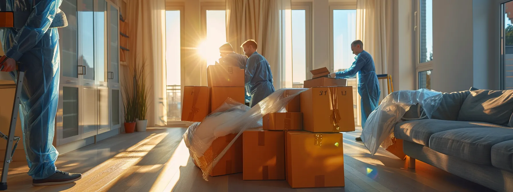 a team of professional movers carefully wrapping and securing furniture in a bright, modern living room.
