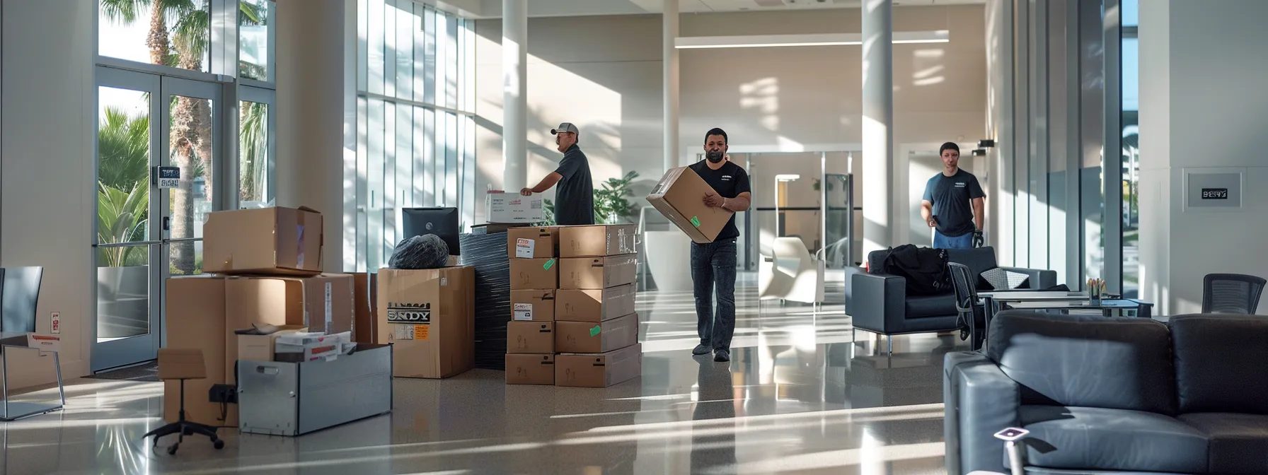 a team of professional office movers carefully transporting desks and equipment through a modern office space in san diego.