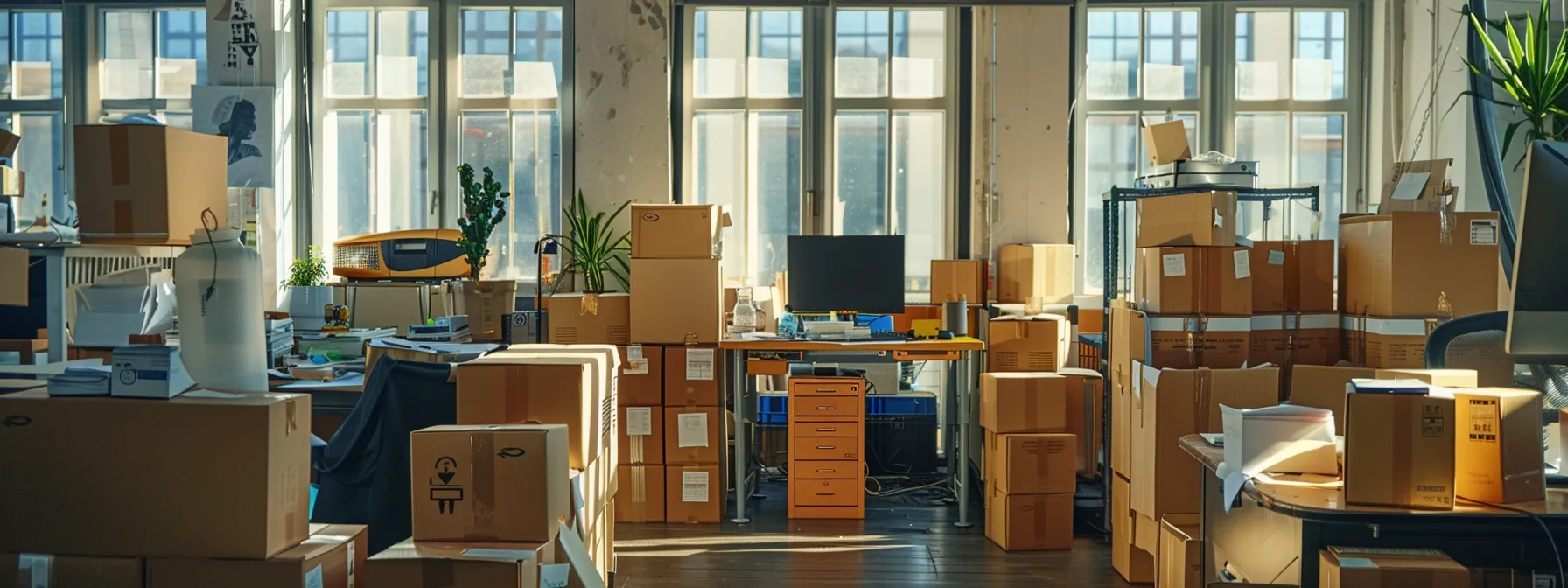 an organized office space with labeled boxes of equipment and furniture ready for relocation.