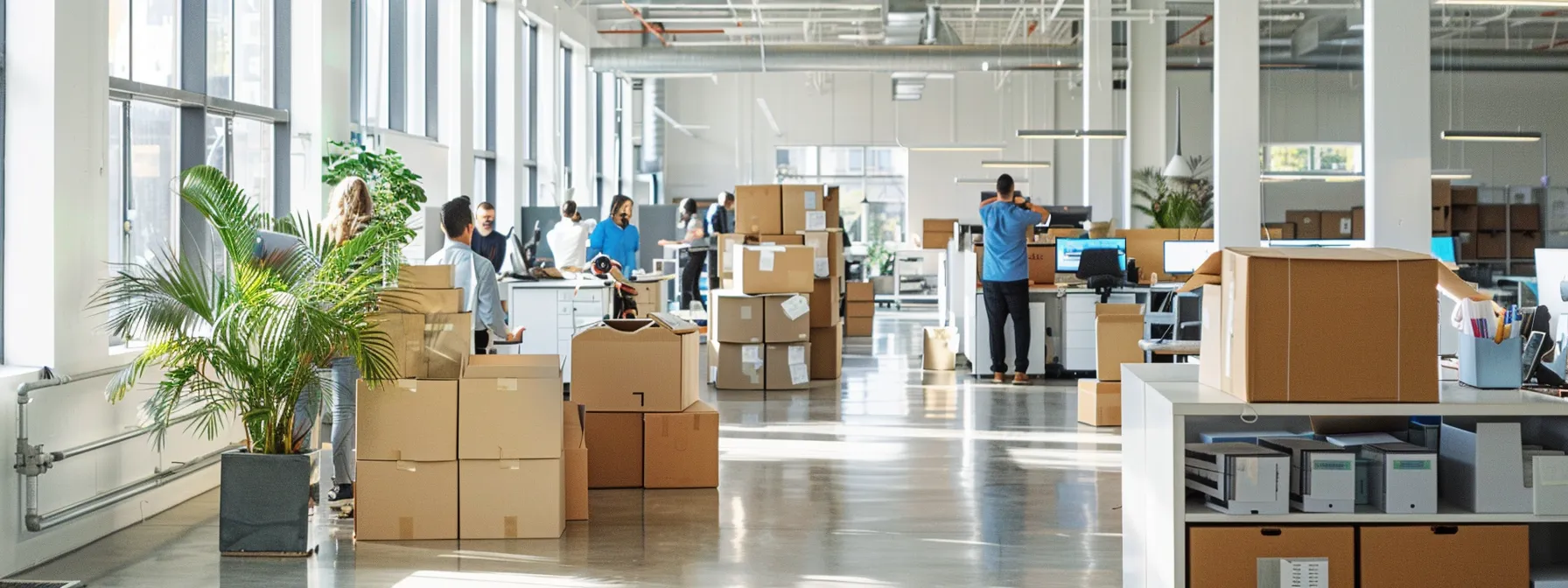 an organized office space with employees collaborating on packing boxes, surrounded by clear communication signs with technology equipment safely secured in the background.