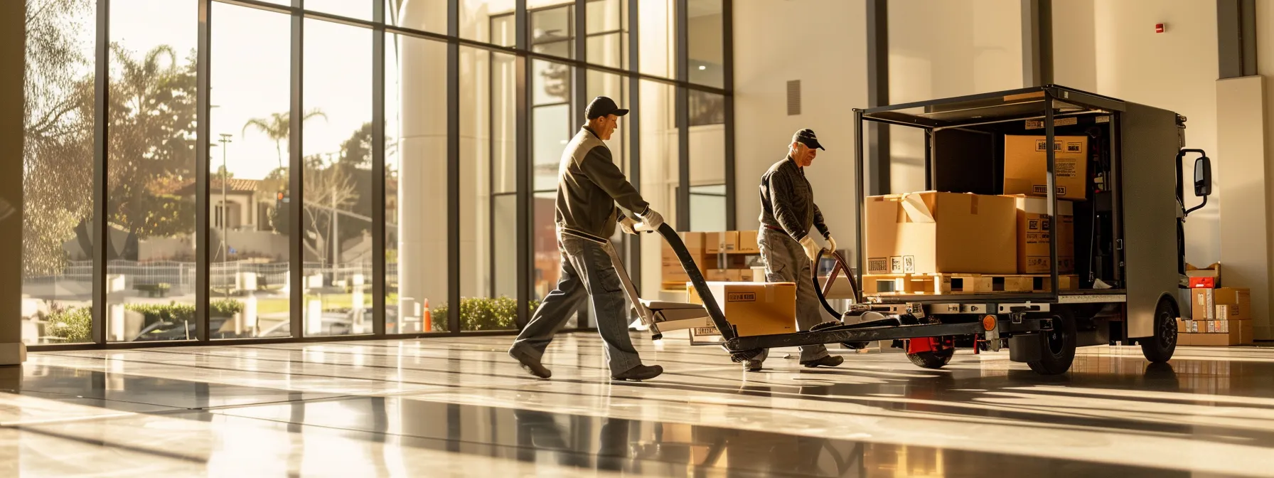 efficient office movers carefully transporting furniture with specialized equipment during a commercial relocation in san diego. efficient office movers carefully transporting furniture with specialized equipment during a commercial relocation in san diego.