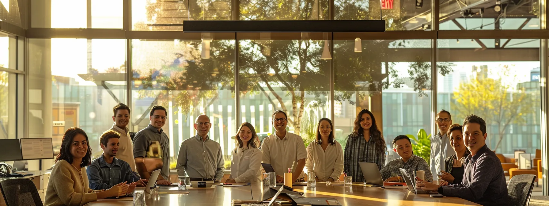employees gathered around a conference table, testing out new office equipment and technology together in a bright, spacious office.