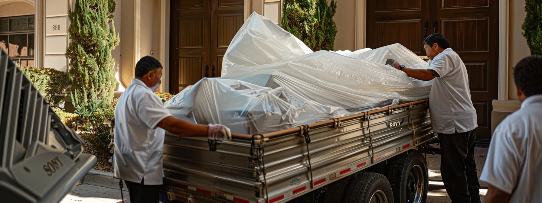 expert movers delicately wrapping a grand piano in protective padding before carefully loading it onto a moving truck in san diego. expert movers delicately wrapping a grand piano in protective padding before carefully loading it onto a moving truck in san diego.