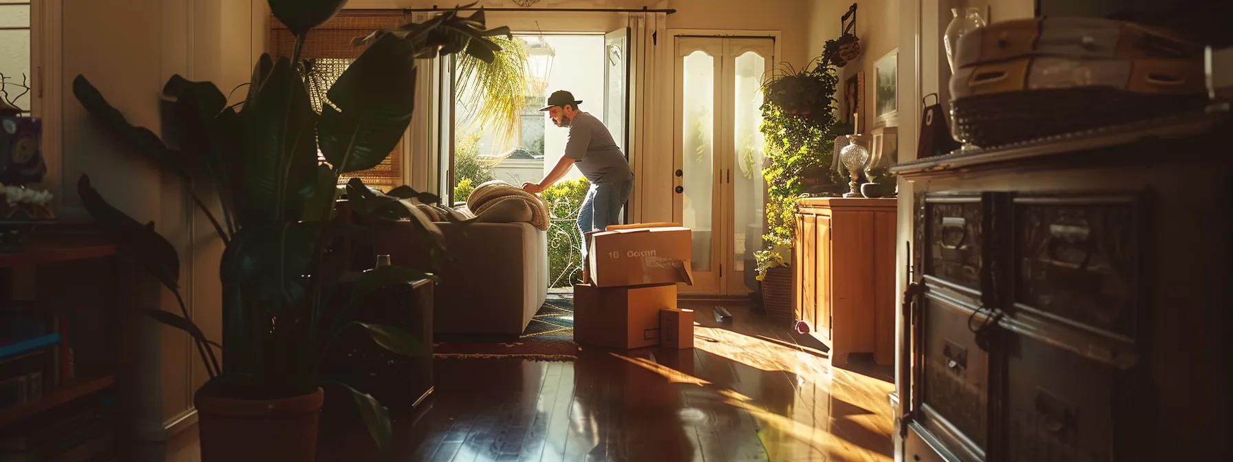 struggling movers carefully maneuvering a large sofa through a narrow doorway in a bustling san diego apartment building.